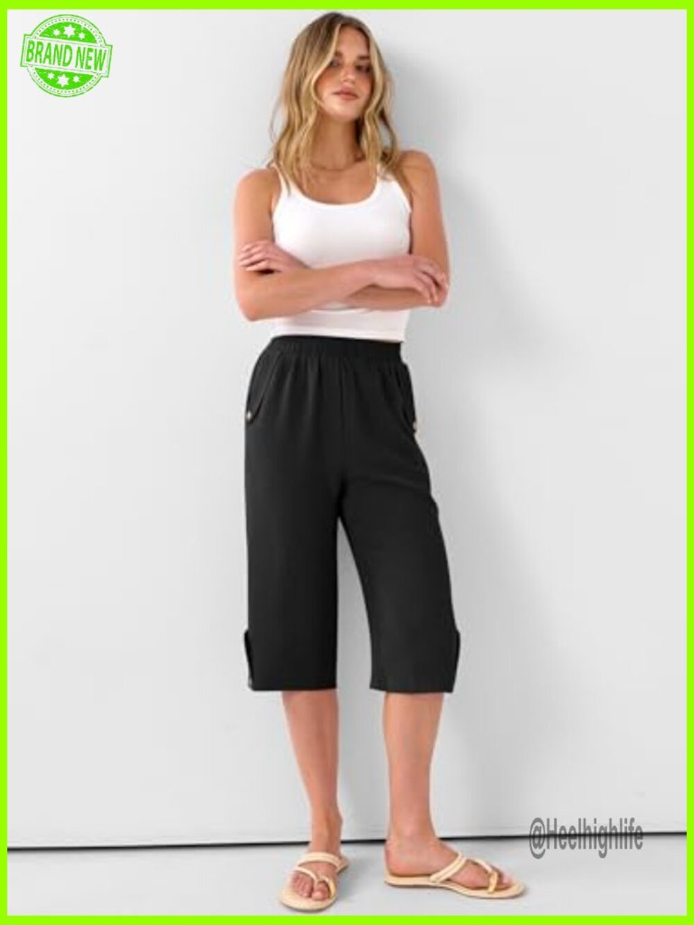 Wide Leg Capri Pants Elastic Waist Casual Loose Lounge Trousers Summer - Picture 2 of 7
